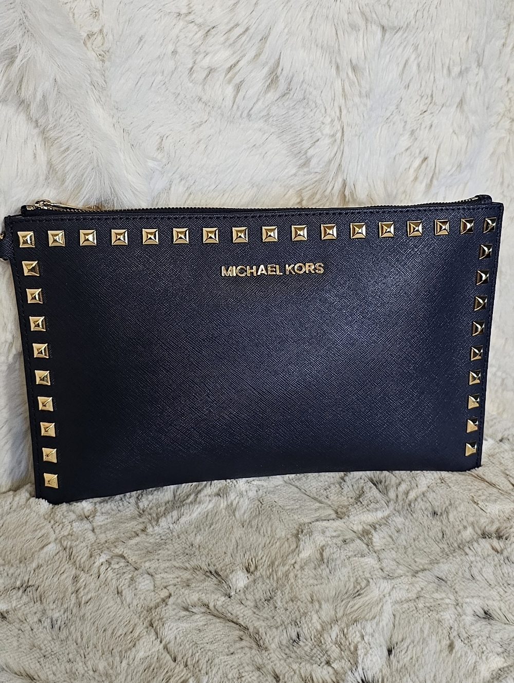 MICHAEL KORS Navy Saffiano Zip Pouch with Gold Studs